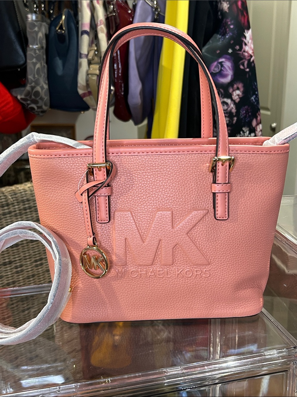 Michael Kors Coral Pink Jet Set MK Embossed Leather Tote 8.5”x 4”x 7.5” NWT
